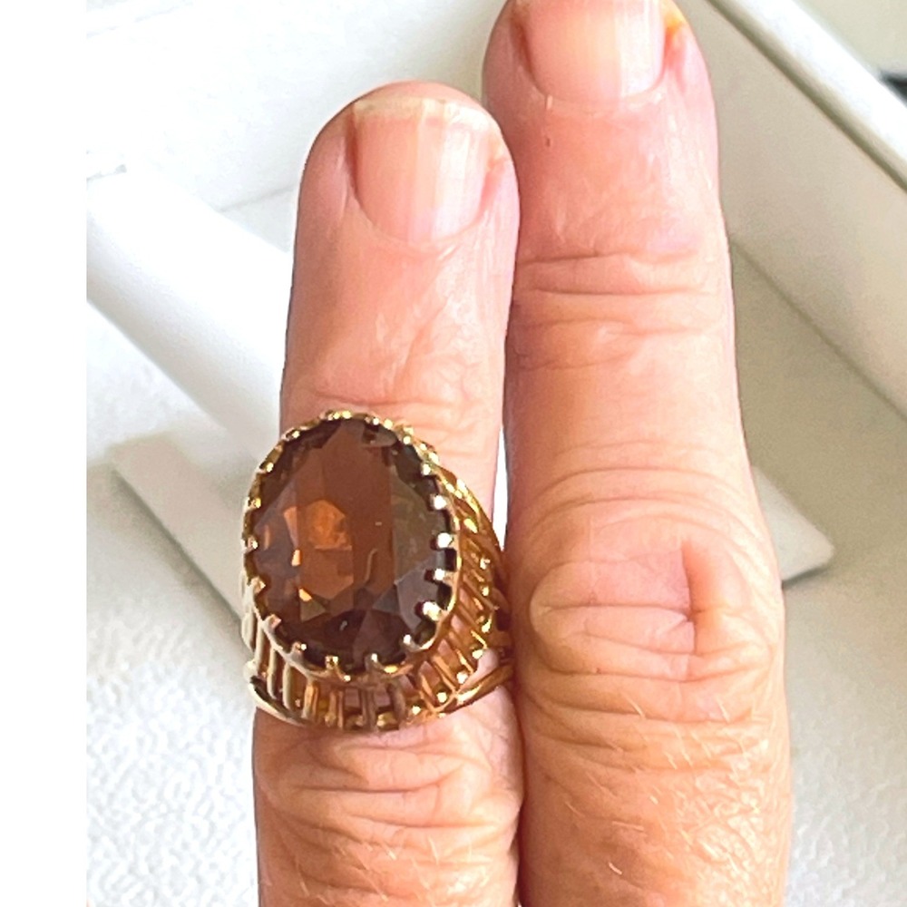 Vintage 18KT HGF Gold Filled Smoky Brown Gemstone Cocktail Ring Size 6 8g - Picture 7 of 8